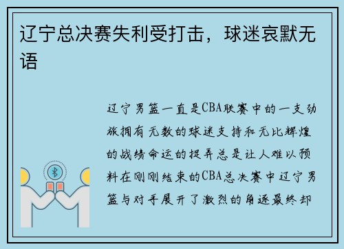 辽宁总决赛失利受打击，球迷哀默无语